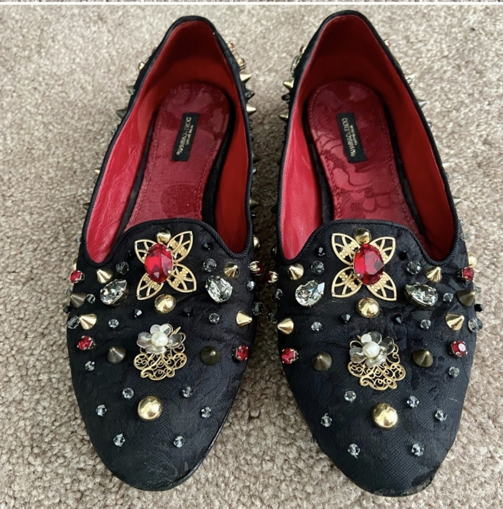Dolce & Gabbana Black Silk Brocade Flats with Rhinestones and Studs (Rare)